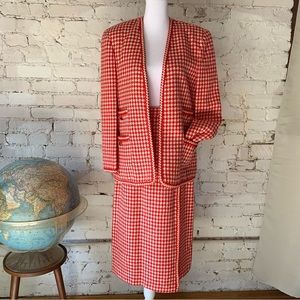 Vintage Houndstooth Skirt Jacket Set Red White/Cream Wool